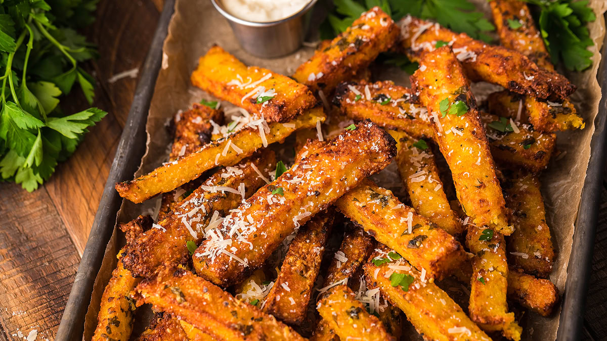 A tray of golden, crispy fries garnished with grated cheese and herbs, served with a small cup of dipping sauce on the side.