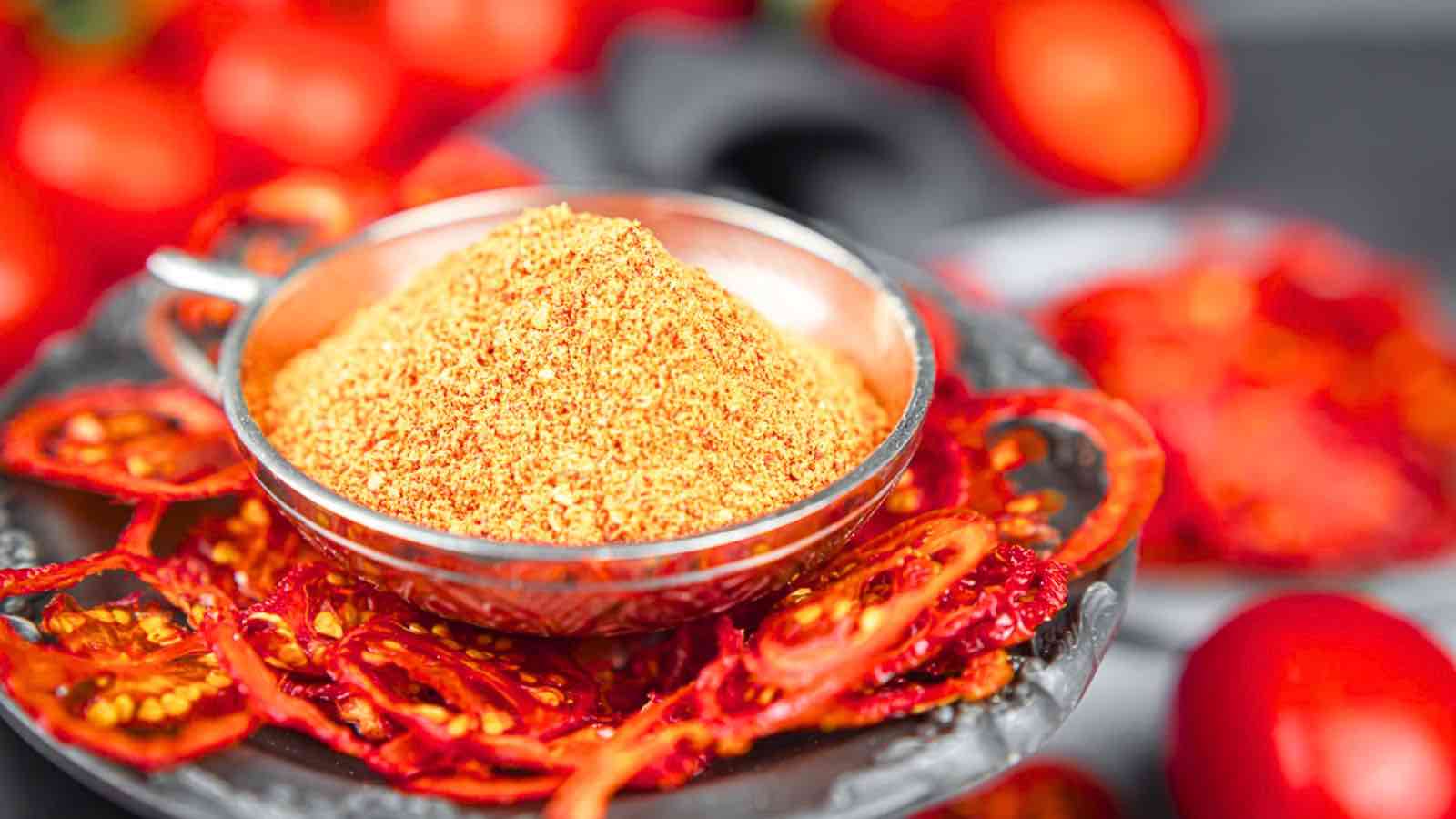 A metal bowl filled with tomato powder sits on a plate surrounded by dried tomato slices; fresh tomatoes are blurred in the background.