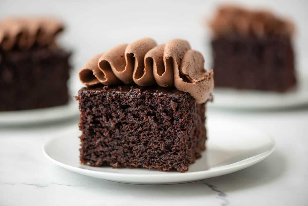 A square piece of chocolate cake with chocolate frosting on a white plate, with more cake pieces blurred in the background.