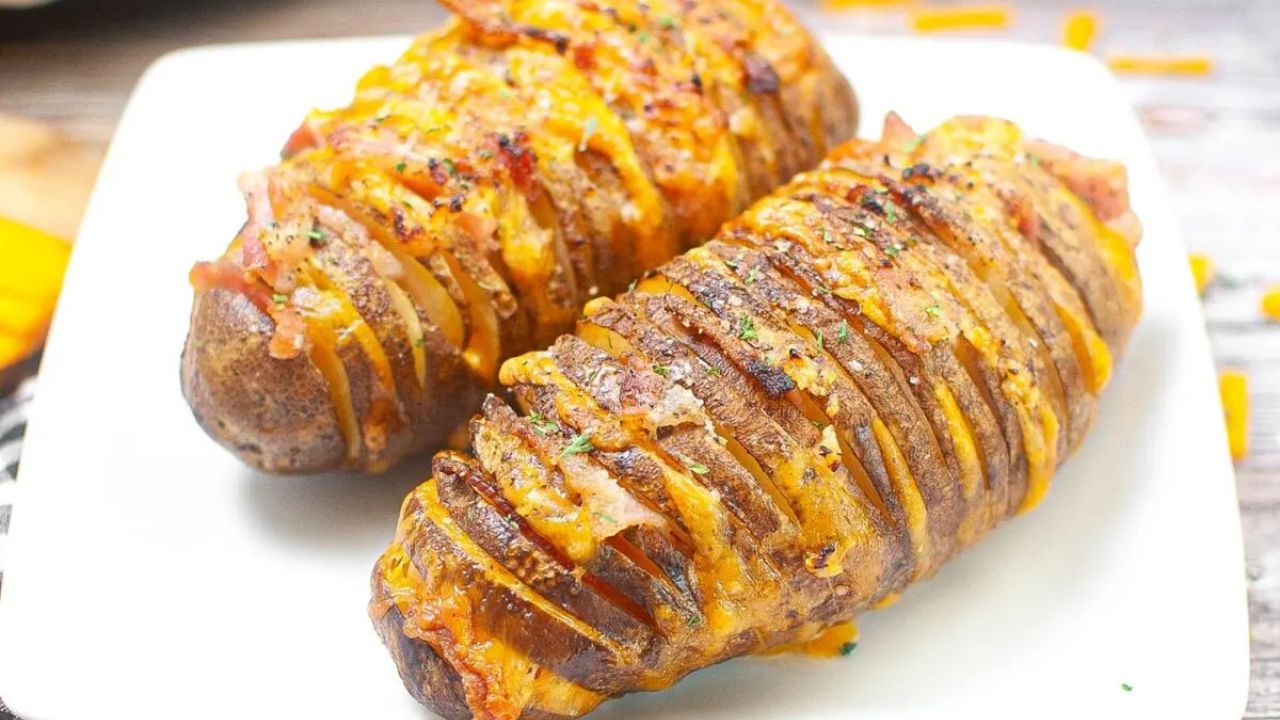Two baked Hasselback potatoes on a white plate, topped with melted cheese, herbs, and bacon bits.