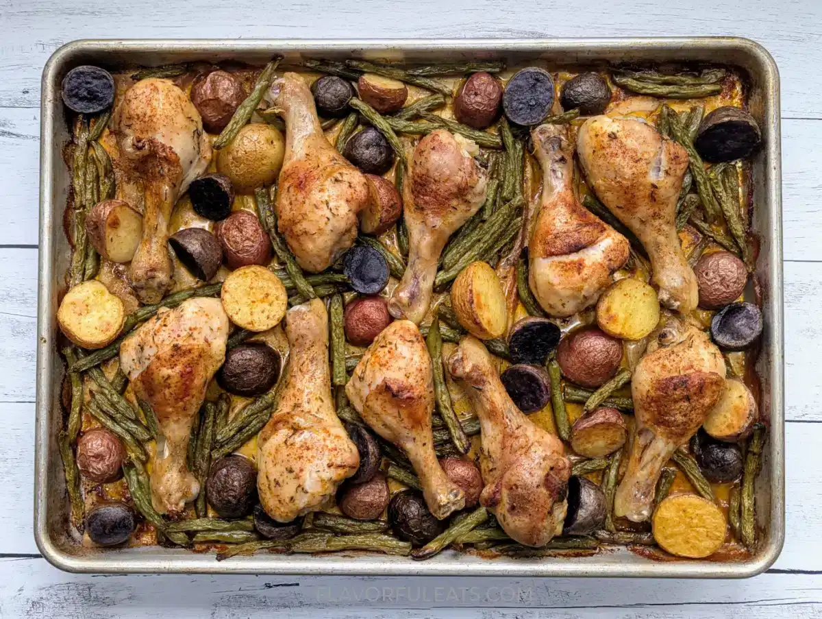 A sheet pan filled with baked chicken drumsticks, halved potatoes in various colors, and green beans on a white wooden surface.