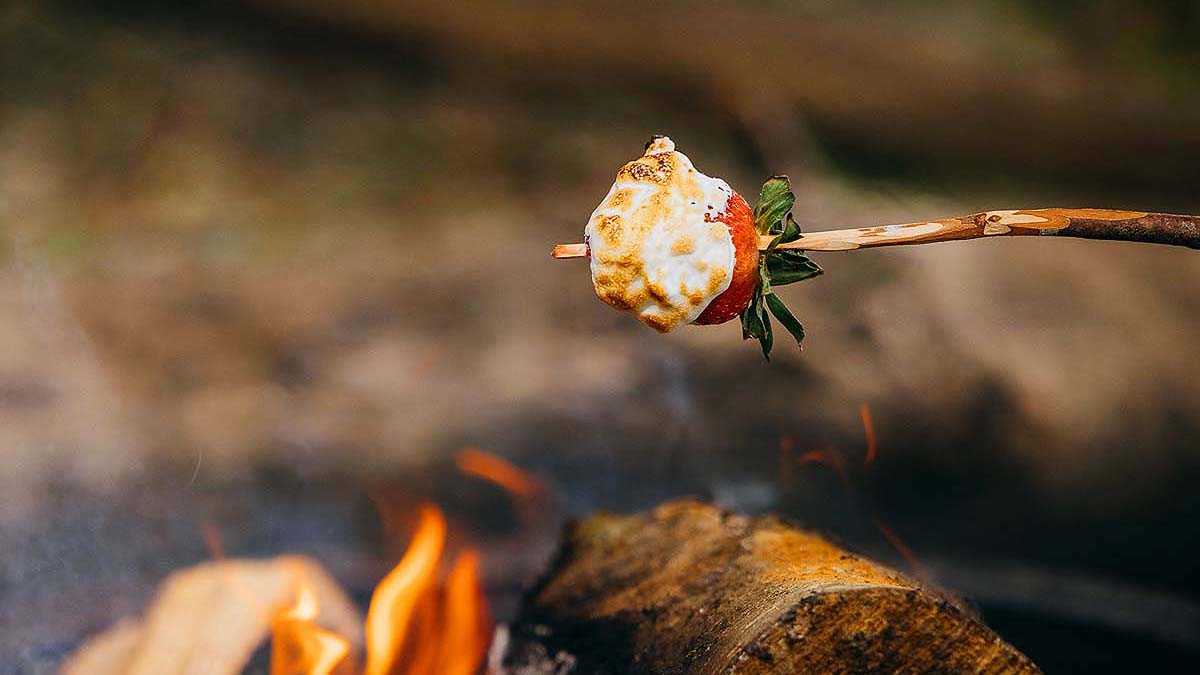 A strawberry coated with toasted marshmallow is held on a stick over a campfire with flames and logs visible in the background.