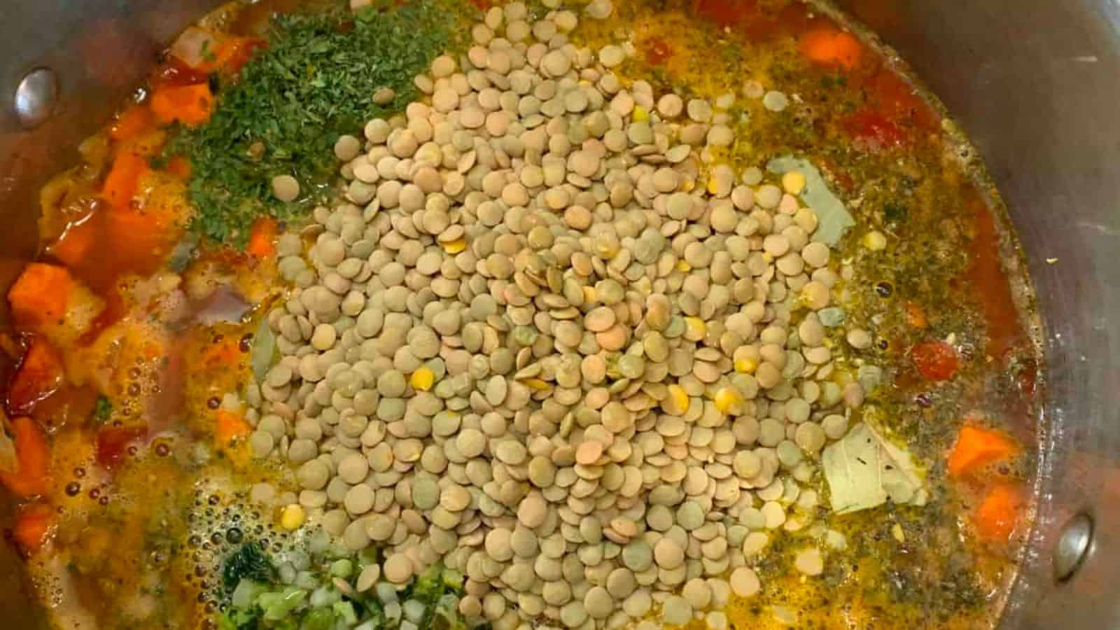 A pot filled with uncooked lentils, chopped carrots, herbs, and broth, ready to be cooked into a soup or stew.