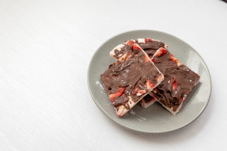 Two pieces of dessert bark with a chocolate coating and visible bits of strawberry on a gray plate, placed on a light surface.