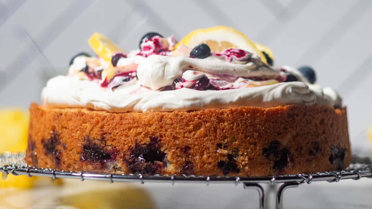 A blueberry cake topped with whipped cream, blueberries, and lemon slices sits on a wire cooling rack.