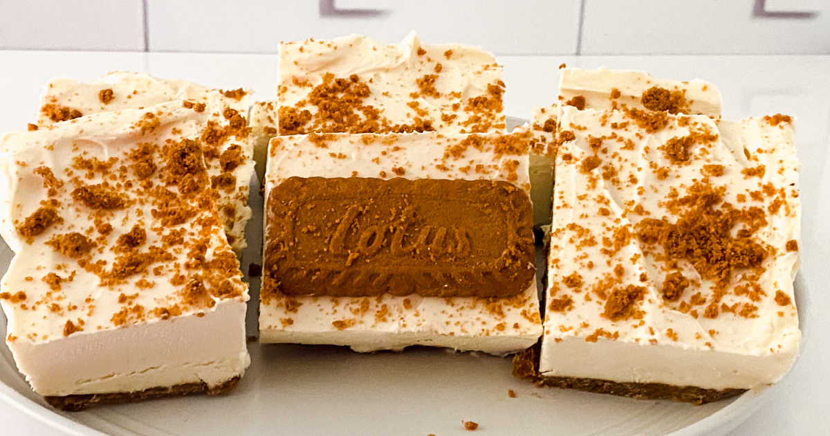 Four slices of cheesecake with a crumbly biscuit base, topped with crushed biscuits; the center slice is garnished with a whole Lotus Biscoff cookie.
