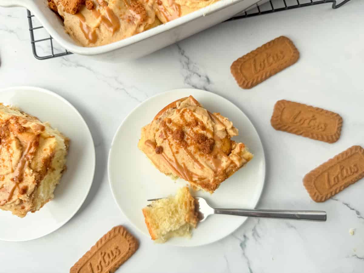 A slice of cake with caramel-colored frosting on a white plate with a fork, surrounded by Lotus Biscoff cookies, and a baking dish of cake in the background.