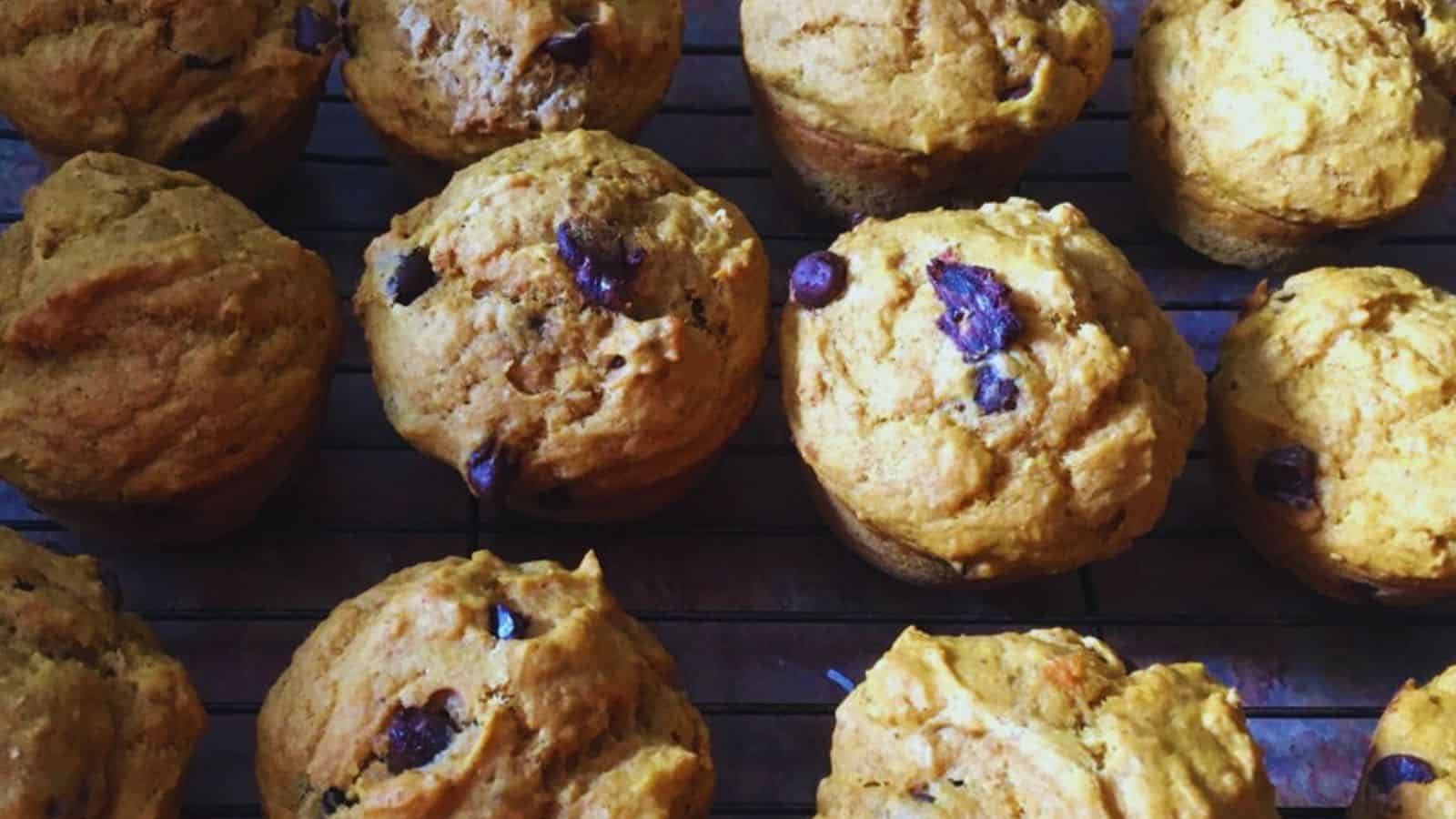 A batch of pumpkin muffins with chocolate chips cooling on a wire rack.