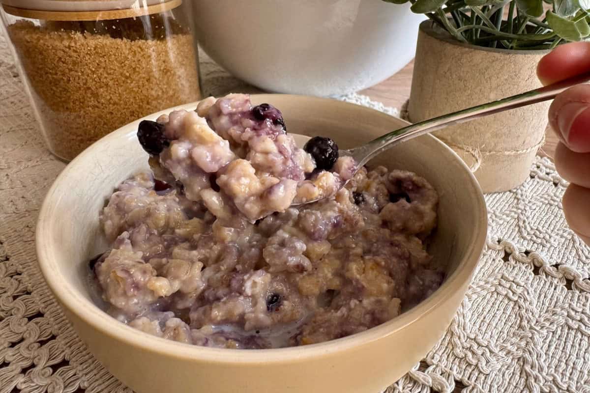A bowl of oatmeal with blueberries and milk sits on a table; a hand holds a spoonful above the bowl. Brown sugar and potted plants are in the background.