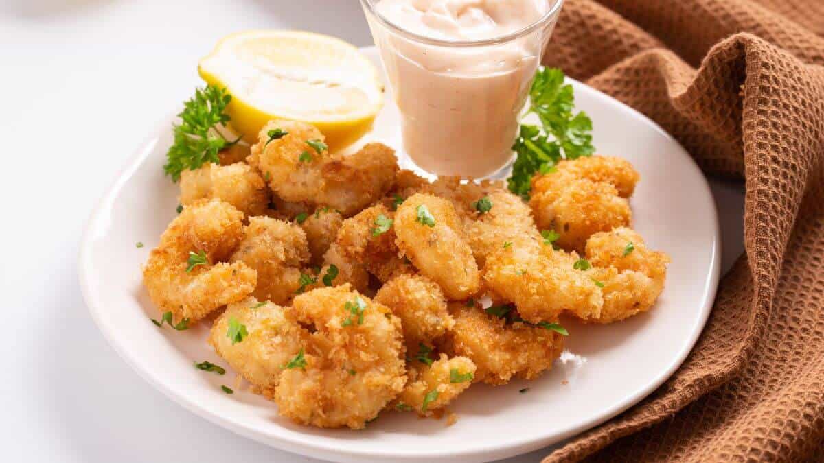 A plate of breaded fried shrimp garnished with parsley, served with a lemon wedge and a glass cup of dipping sauce on the side.