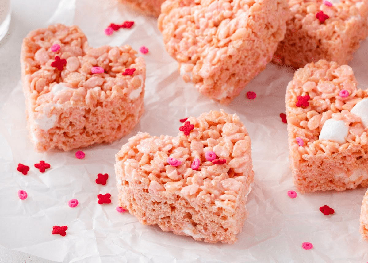 Heart-shaped pink rice crispy treats with marshmallows, decorated with small red and pink sprinkles, arranged on white parchment paper.