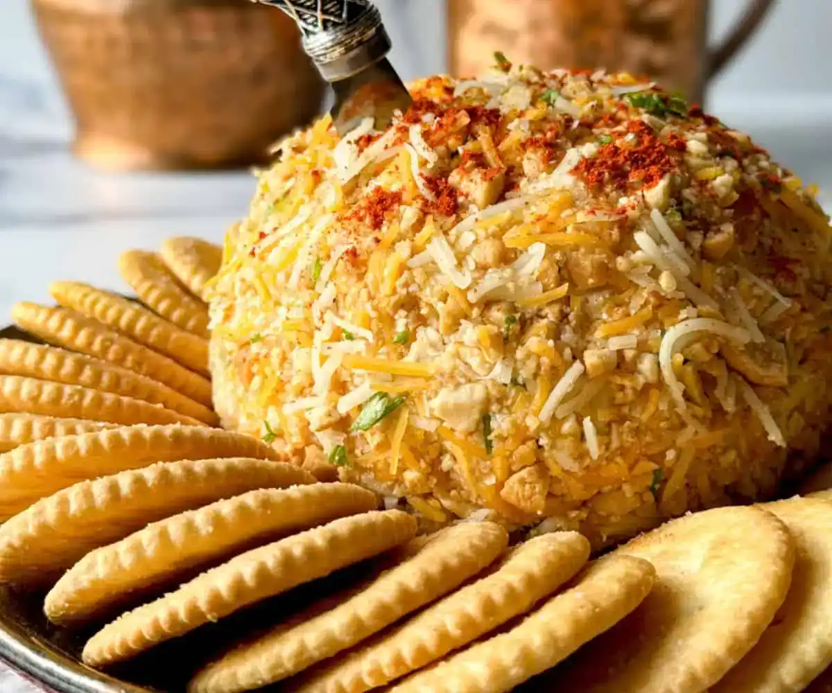 A cheese ball coated with shredded cheese and herbs, topped with paprika, surrounded by round crackers on a plate.
