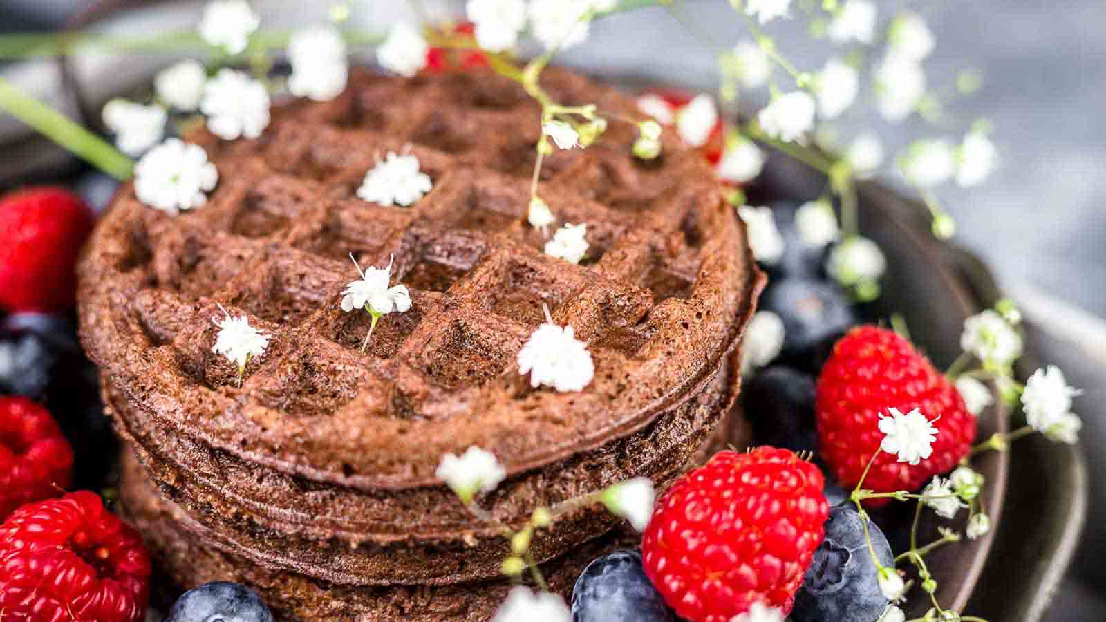 Two stacked chocolate waffles surrounded by blueberries, raspberries, and small white flowers on a dark plate.