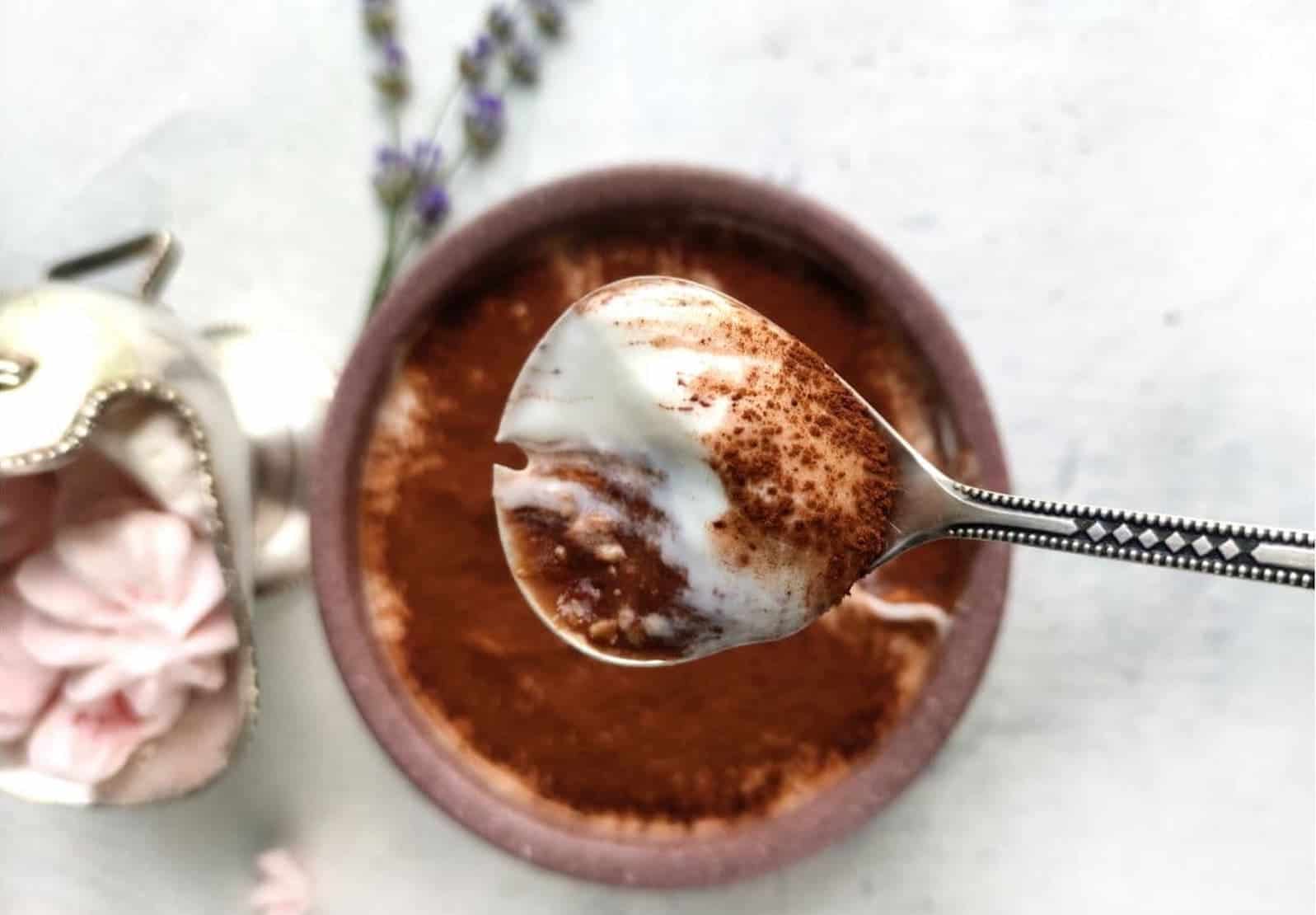 A spoon with yogurt and cocoa powder held above a bowl of yogurt topped with cocoa powder, with flowers nearby on a light surface.