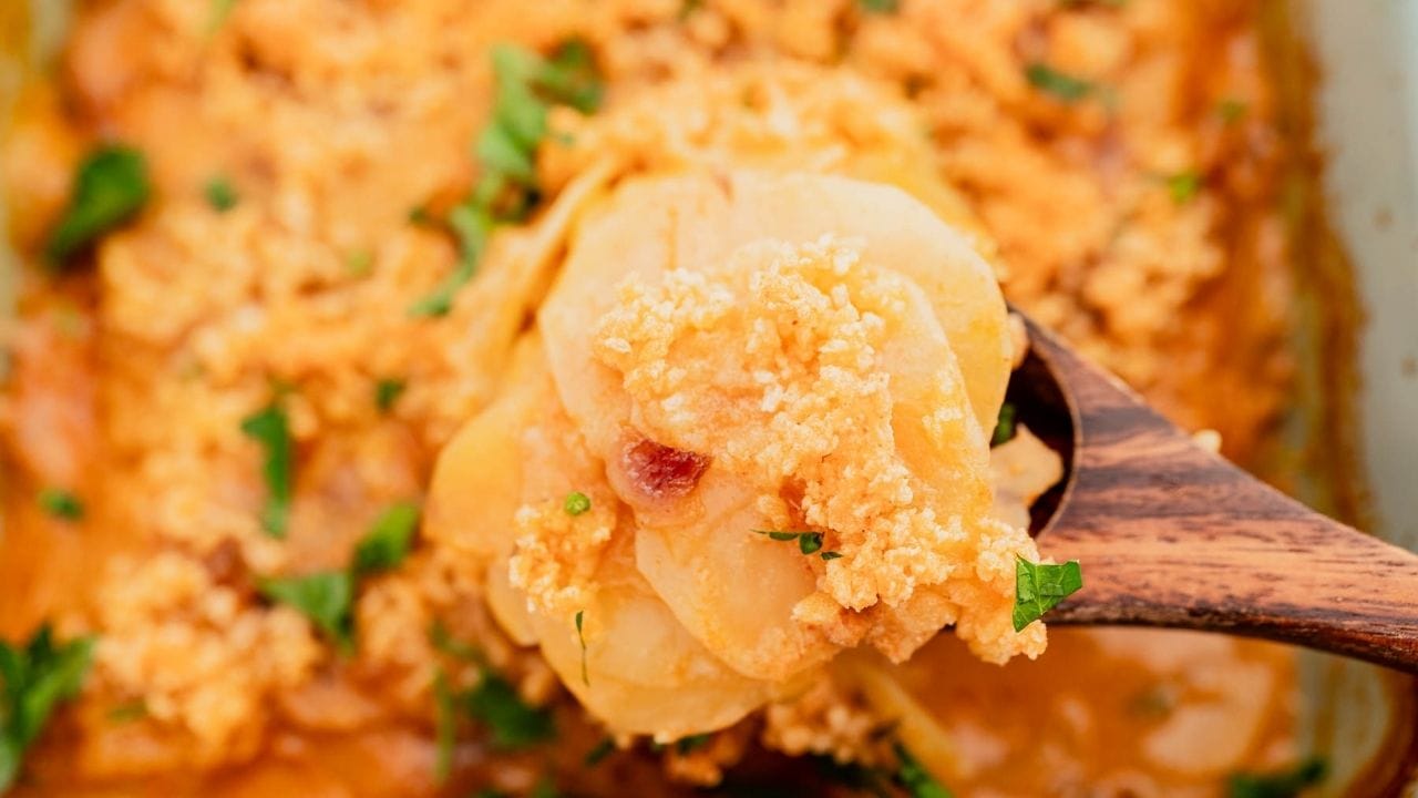 A wooden spoon holds a serving of scalloped potatoes topped with a creamy, orange-colored sauce and garnished with chopped herbs.