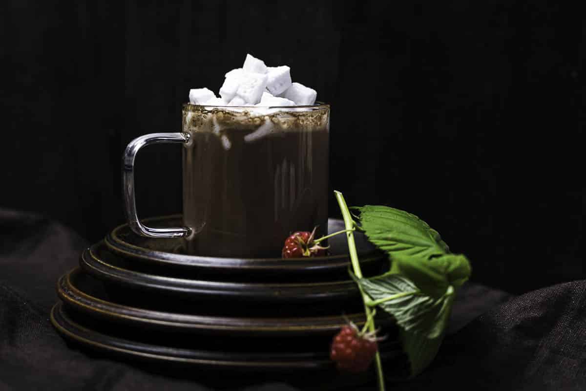A glass mug of hot chocolate topped with marshmallows is placed on stacked dark plates, with fresh raspberries and green leaves beside it.