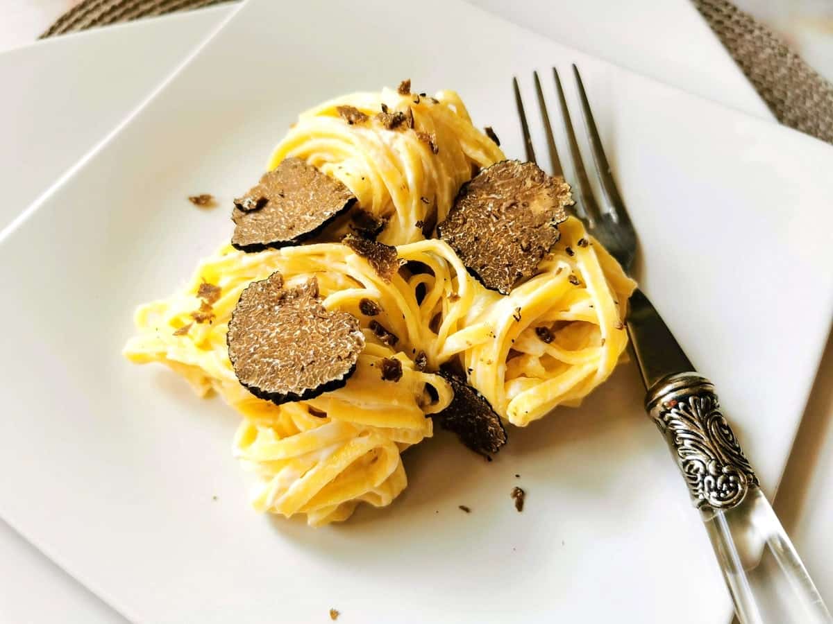 Tagliatelle pasta with cream sauce, topped with thinly sliced black truffles, served on a white plate with a fork.
