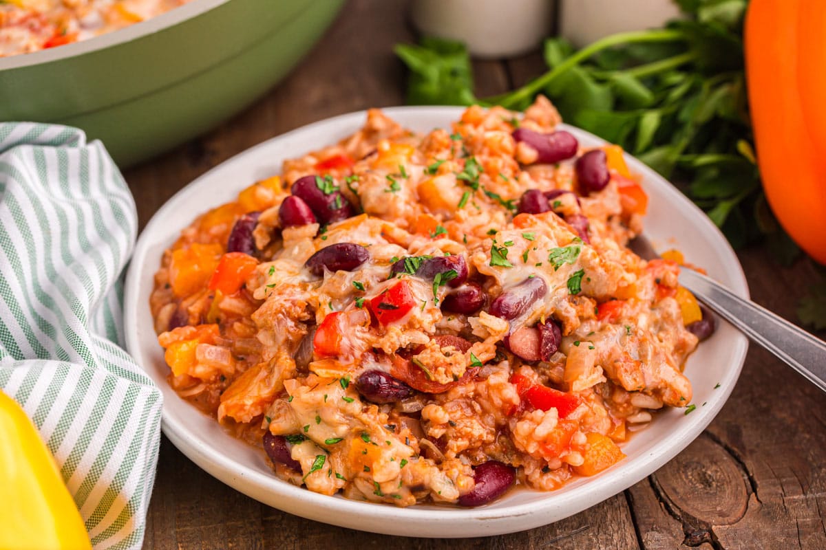 A bowl of food on a table.