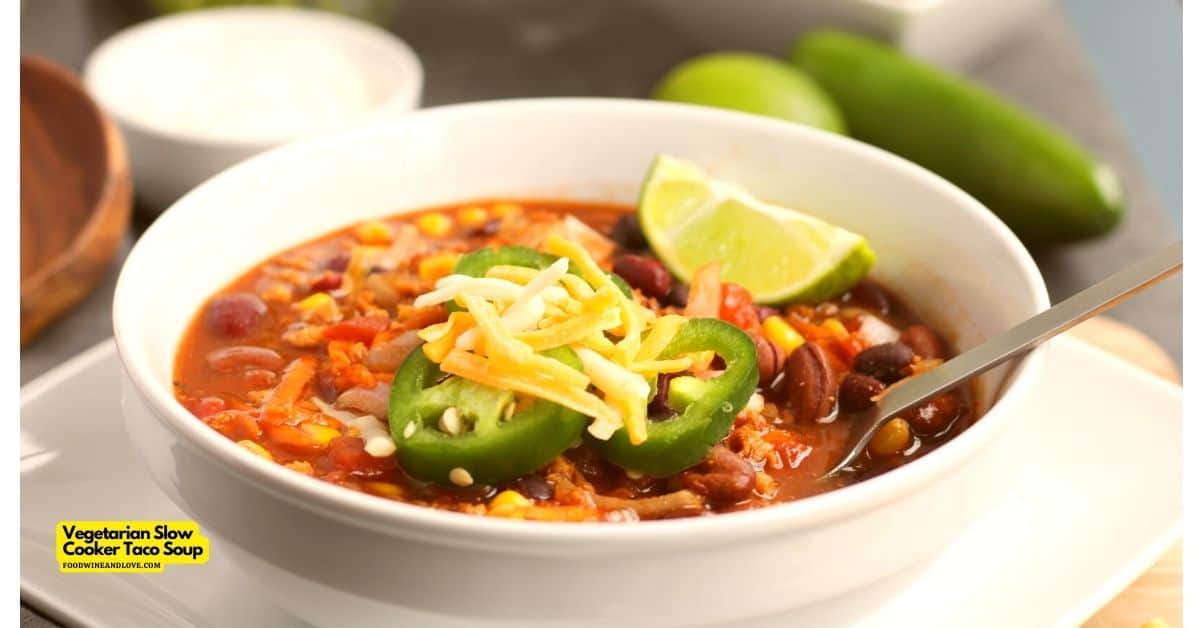 A bowl of vegetarian taco soup topped with shredded cheese, sliced jalapeรฑos, and lime wedges, with a spoon and fresh ingredients in the background.
