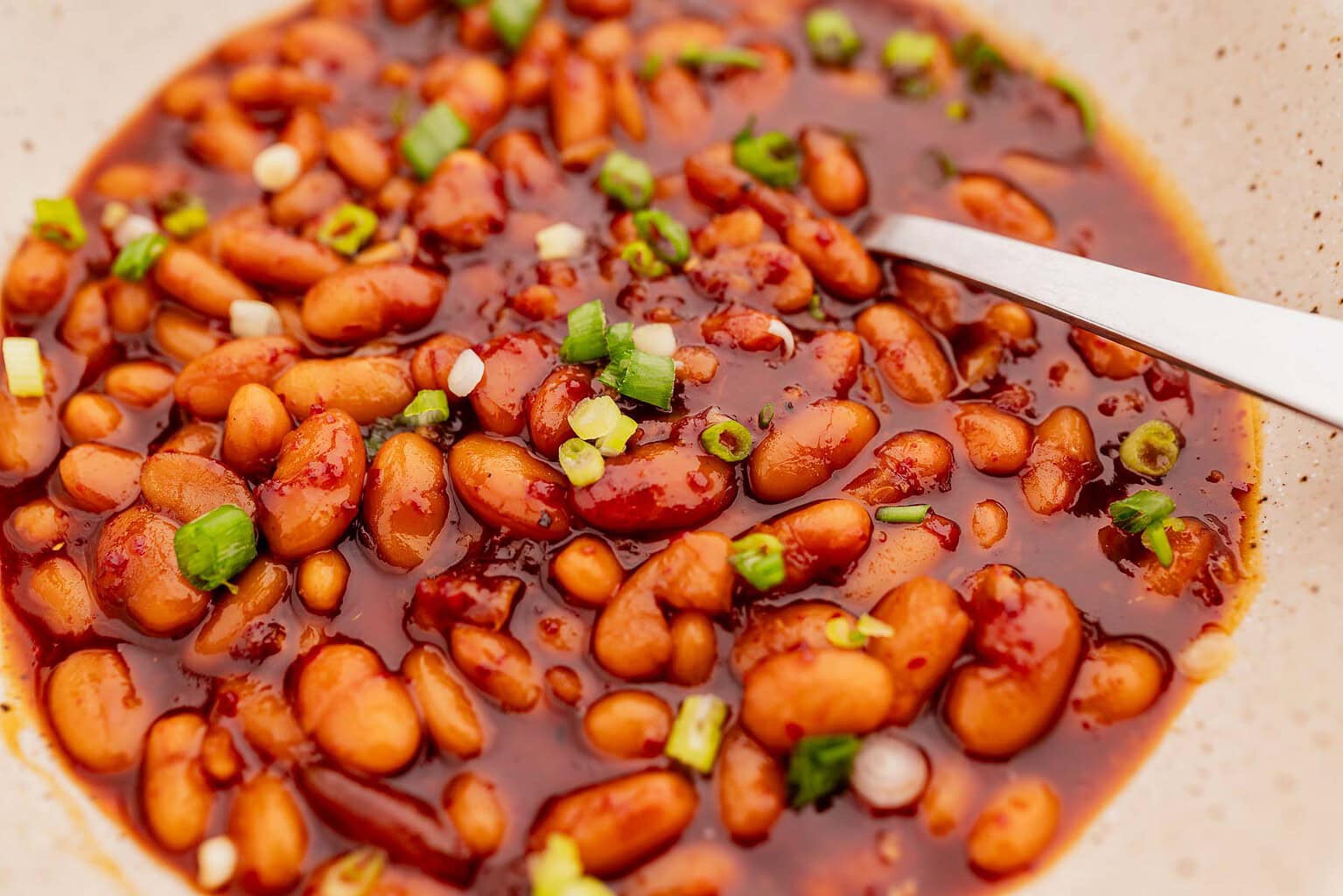 A close-up of baked beans in a rich sauce, garnished with chopped green onions, with a metal spoon resting in the bowl.