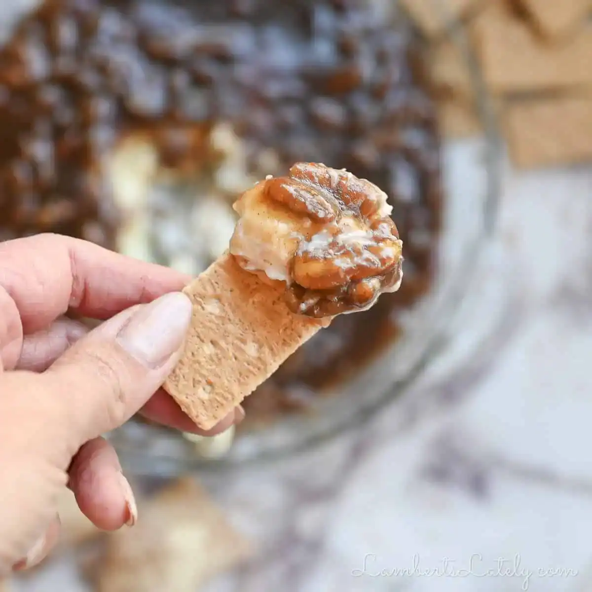 A hand holds a rectangular cracker topped with cream cheese and a dark, chunky sauce, with a glass dish of the same mixture in the background.
