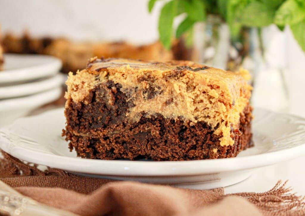 A close-up of a brownie with a golden, marbled topping on a white plate, with a blurred background of greenery and other plates.