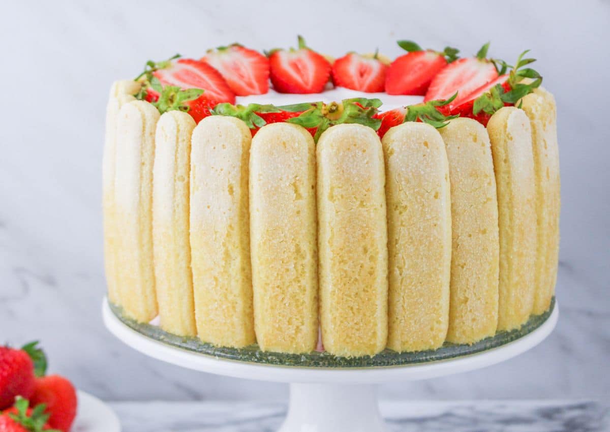 A charlotte cake surrounded by ladyfingers, topped with fresh halved strawberries, displayed on a white cake stand.