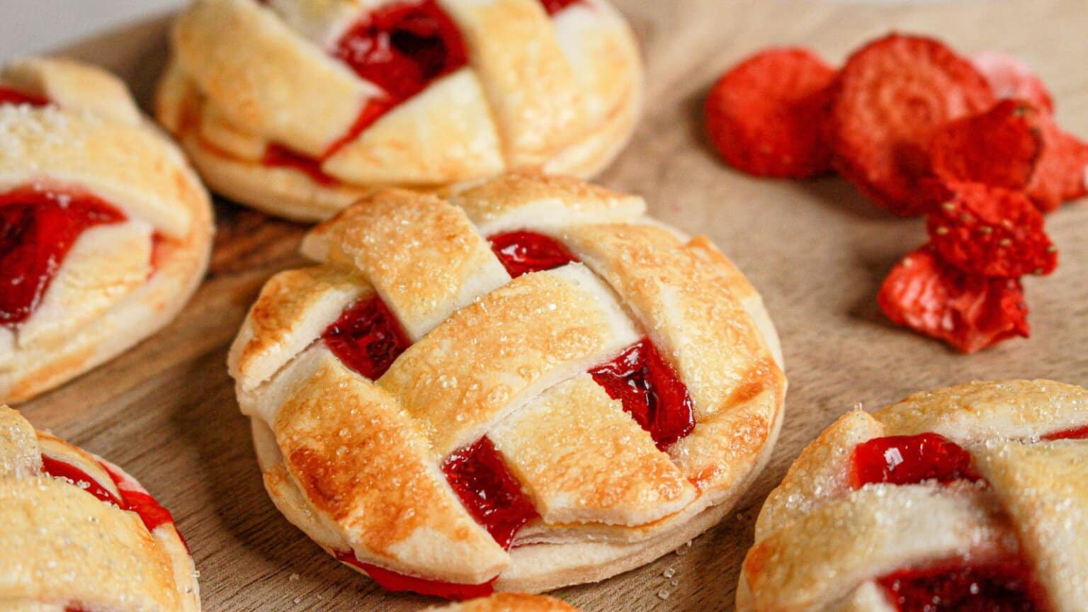 Mini lattice-topped strawberry pies are arranged on a wooden surface, with a few dried strawberry slices beside them.