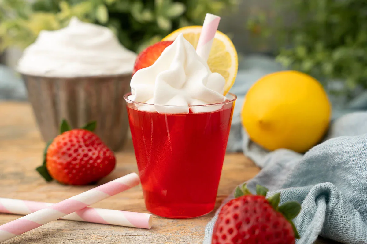 A glass of red drink with whipped cream, a lemon slice, and a pink straw, surrounded by strawberries and a whole lemon on a wooden surface.