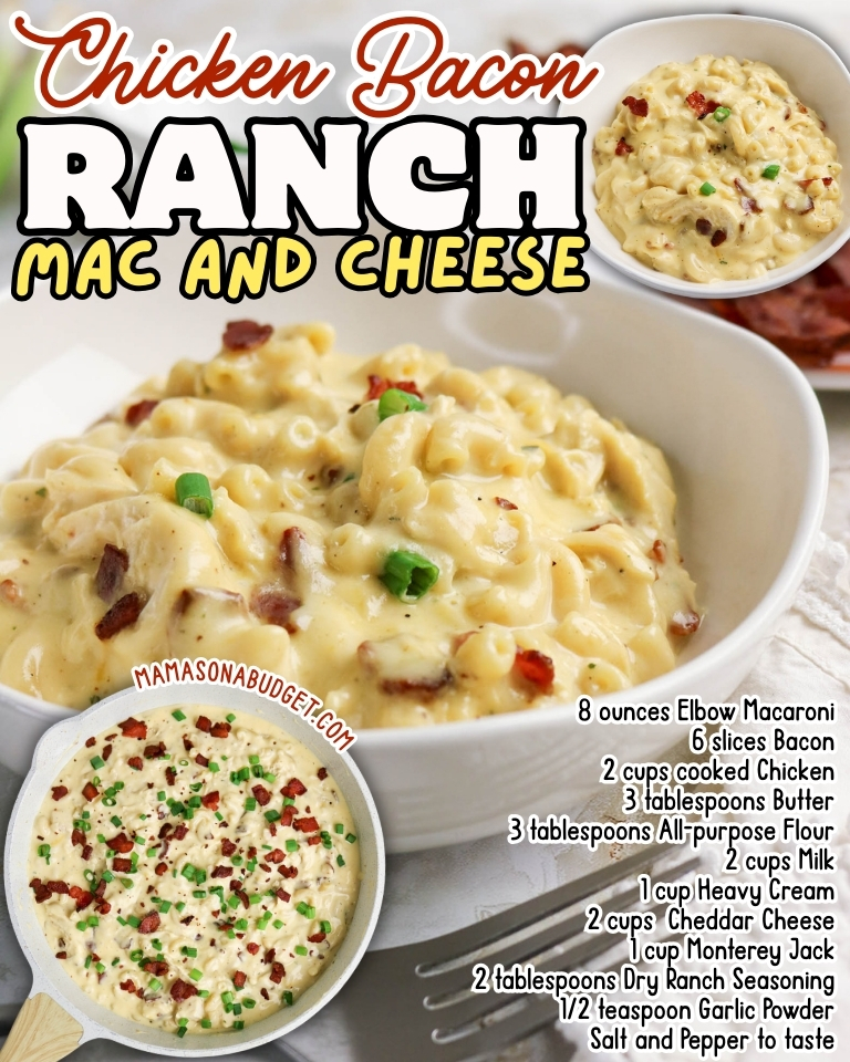 A bowl and skillet of creamy chicken bacon ranch mac and cheese garnished with chopped chives, with a recipe and ingredient list displayed over the image.