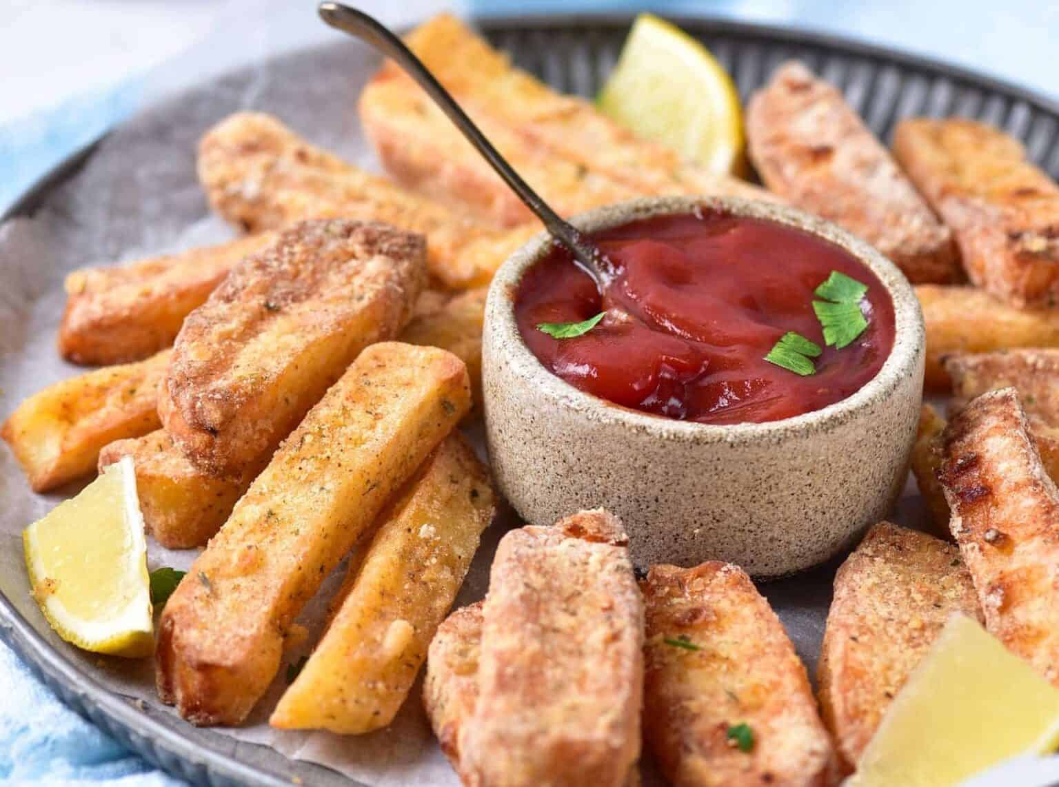 Thick-cut fries arranged around a bowl of ketchup with a spoon, garnished with parsley and lemon wedges on a plate.