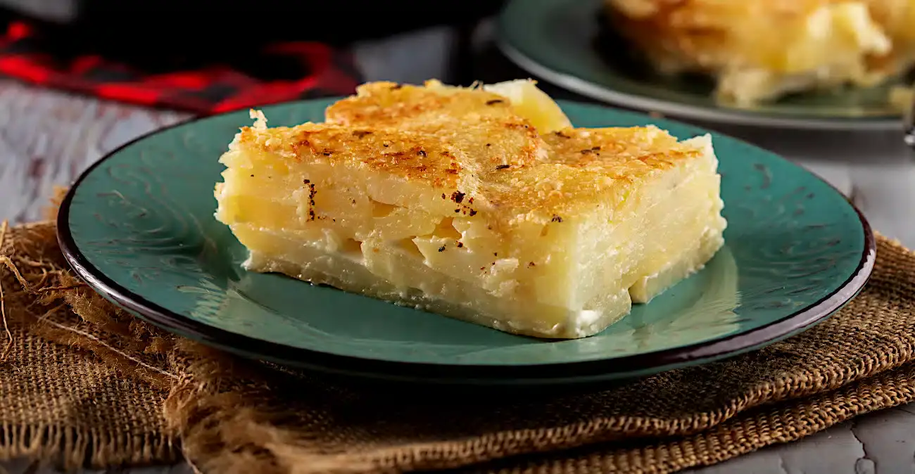 A square slice of scalloped potatoes sits on a green plate atop a burlap cloth, showing distinct layers of potatoes and creamy sauce, lightly browned on top.