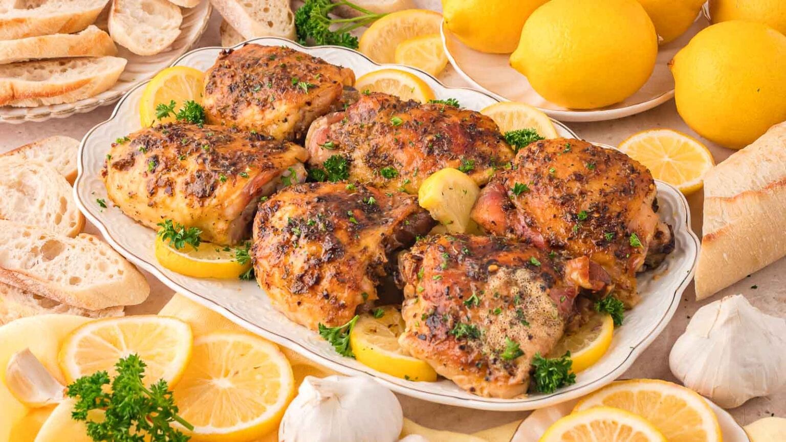 A platter of roasted chicken thighs garnished with parsley and lemon slices, surrounded by bread, whole lemons, garlic bulbs, and lemon wedges.
