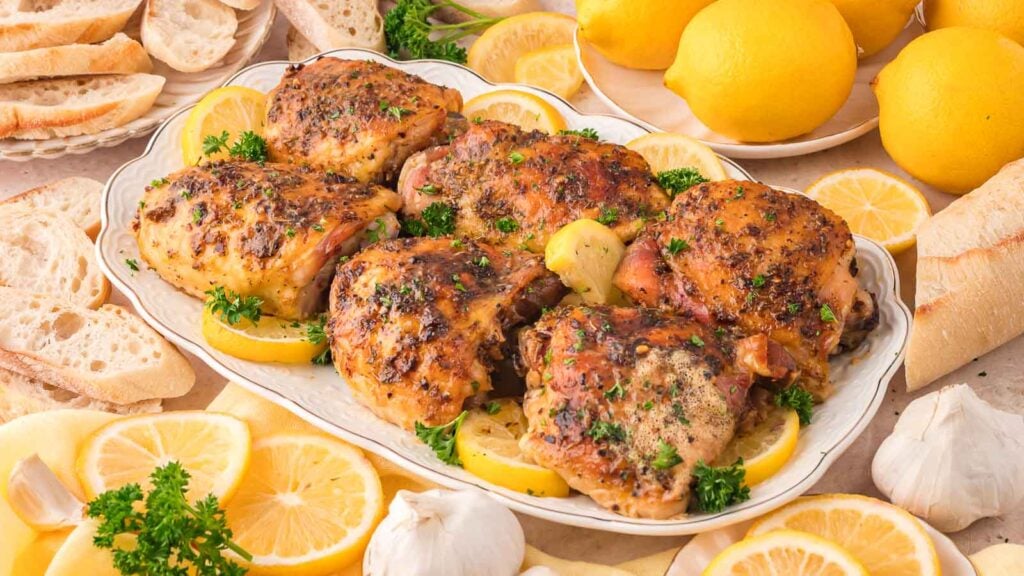 A platter of roasted chicken thighs garnished with herbs and lemon slices, surrounded by bread, whole lemons, garlic, and parsley.