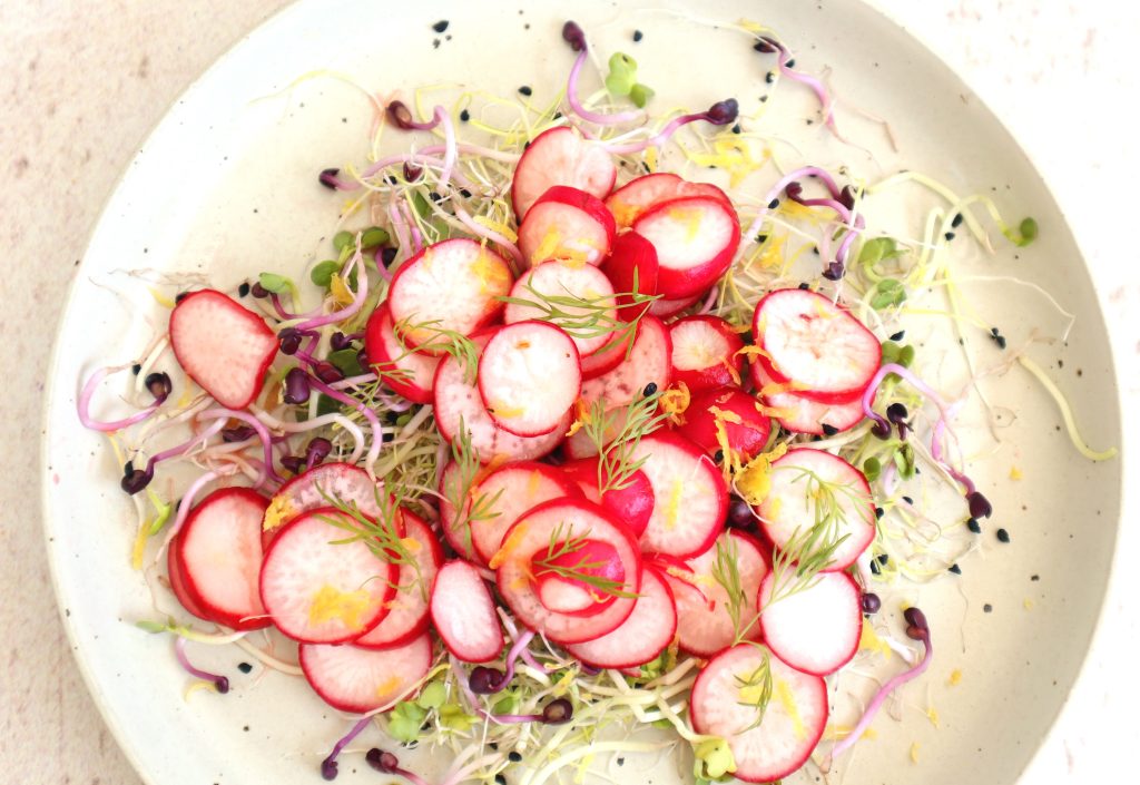 A plate of thinly sliced radishes topped with fresh dill, served over a bed of assorted microgreens and sprouts.