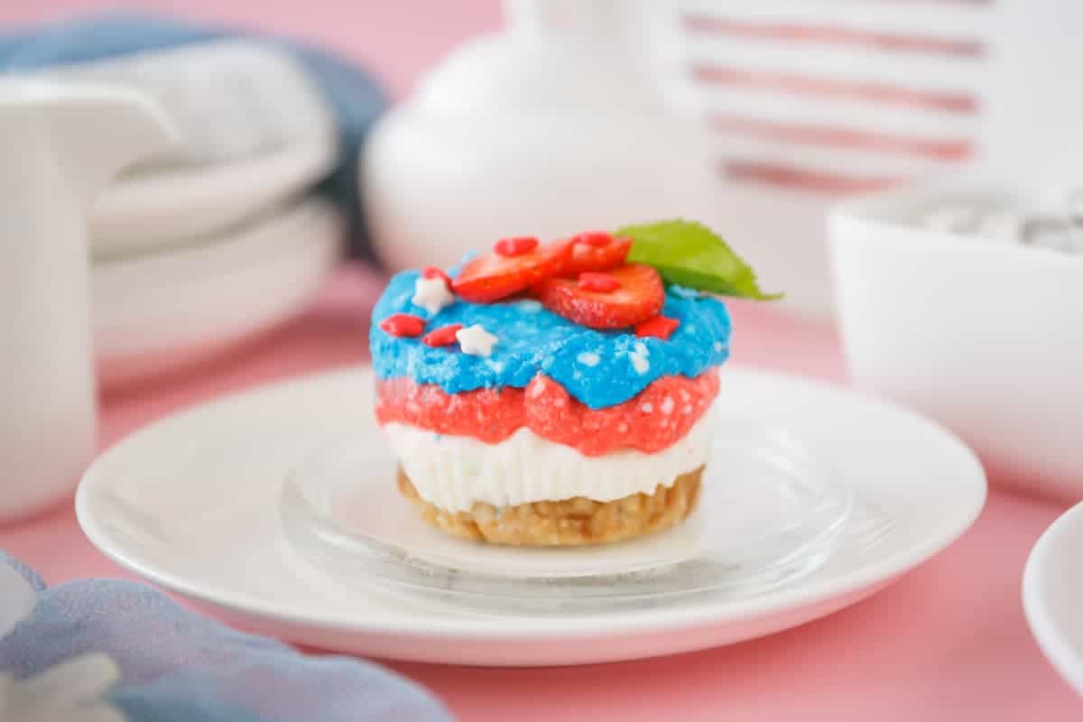 A small layered dessert with a crumbly base, white, red, and blue cream layers, topped with red fruit, sprinkles, and a green leaf, served on a white plate.