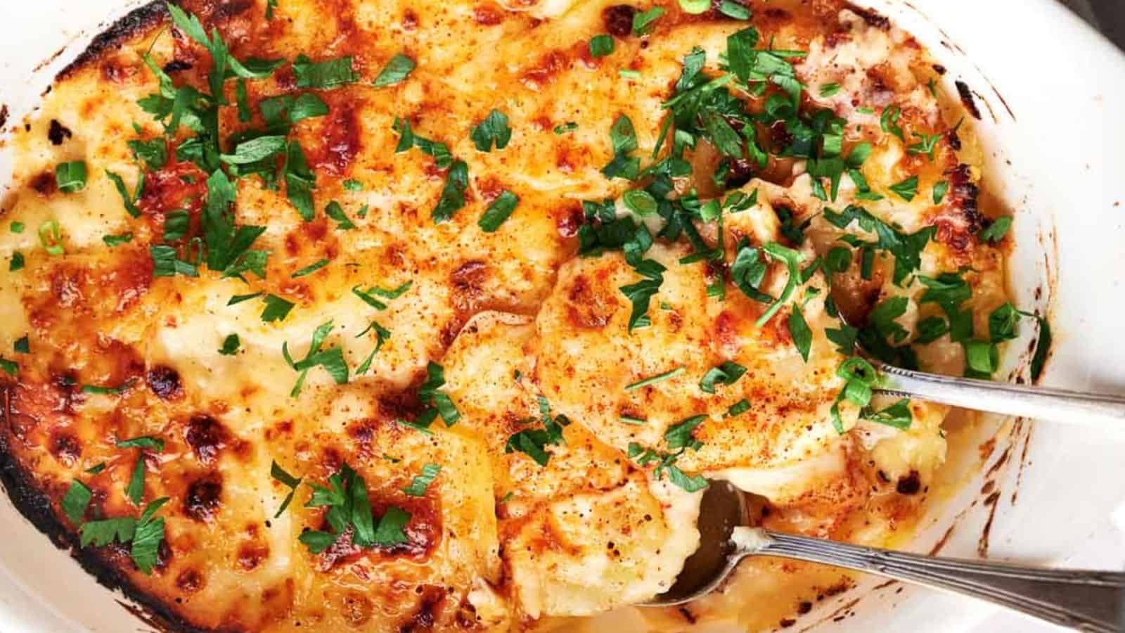 A baked dish of cheesy scalloped potatoes with a golden-brown top, garnished with chopped parsley, with a serving spoon and fork.