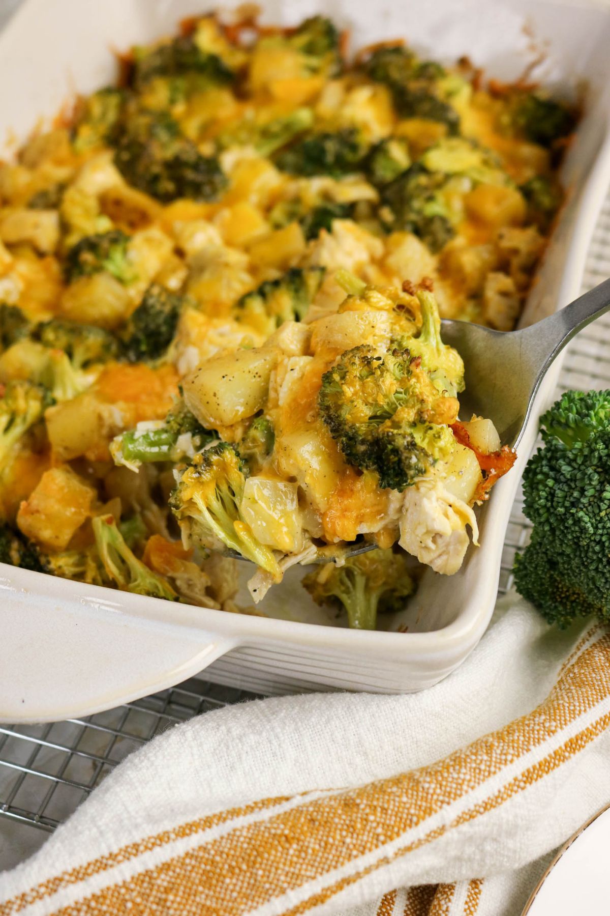 A baked casserole with broccoli, potatoes, cheese, and other vegetables in a white dish, with a serving spoon lifting a portion.