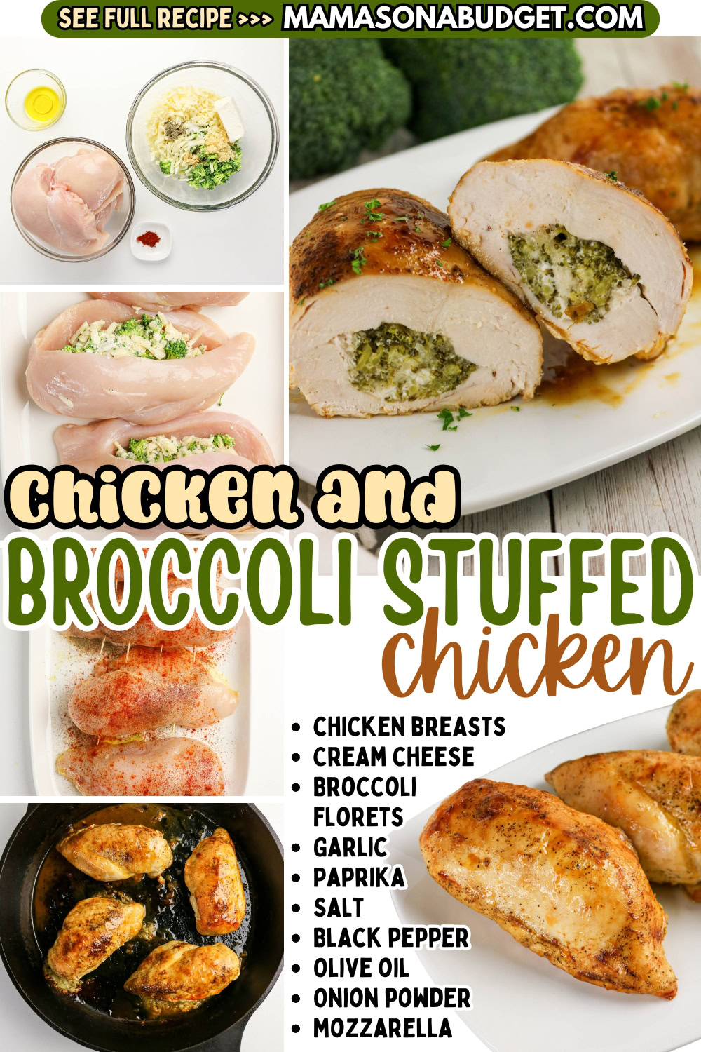 Collage showing steps to prepare Chicken and Broccoli Stuffed Chicken breasts with cream cheese and mozzarella, plus a list of ingredients and the finished cooked chicken on display.