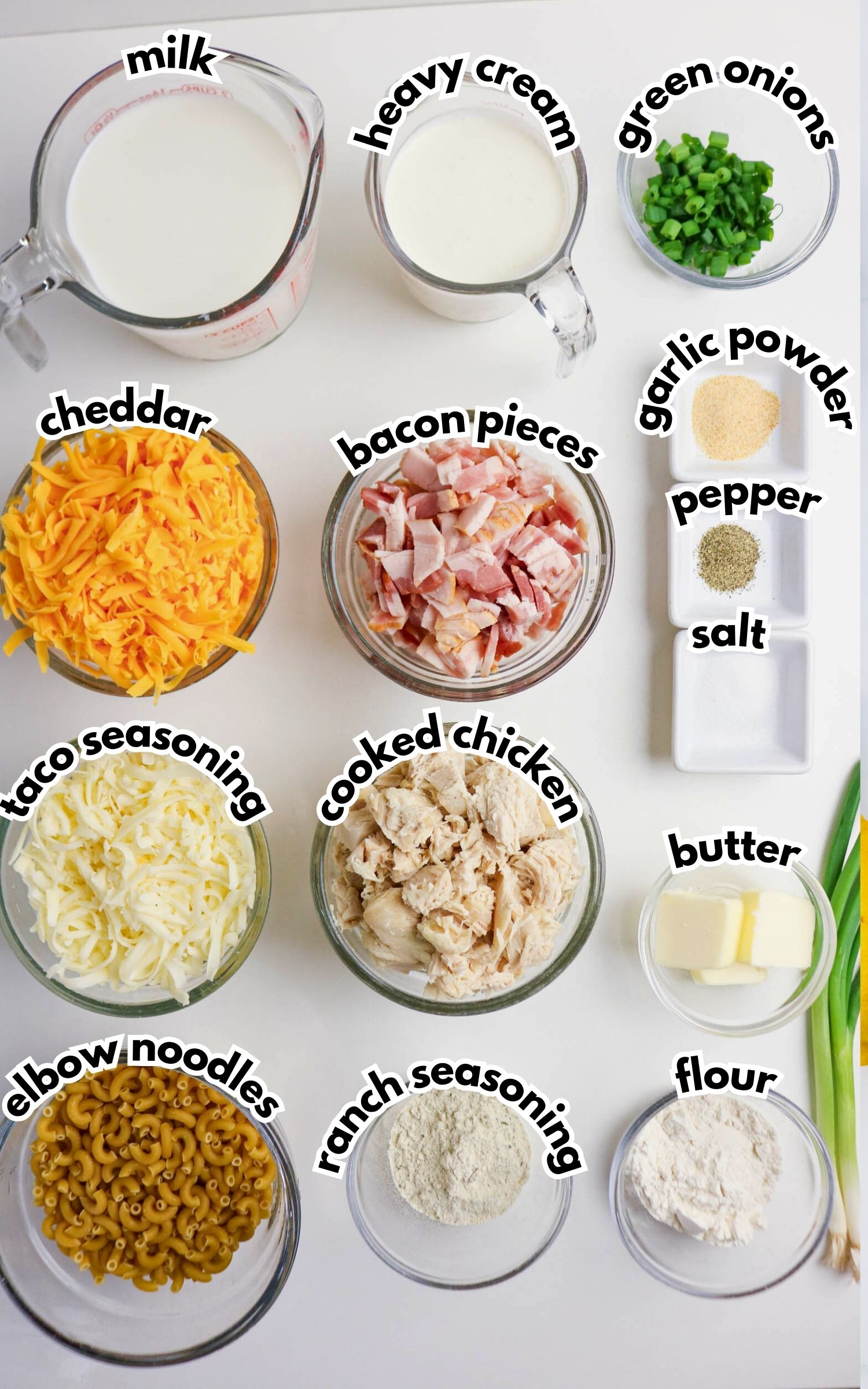 Overhead view of labeled ingredients for a chicken pasta dish, including milk, cream, green onions, cheeses, cooked chicken, seasonings, bacon, elbow noodles, butter, and flour.