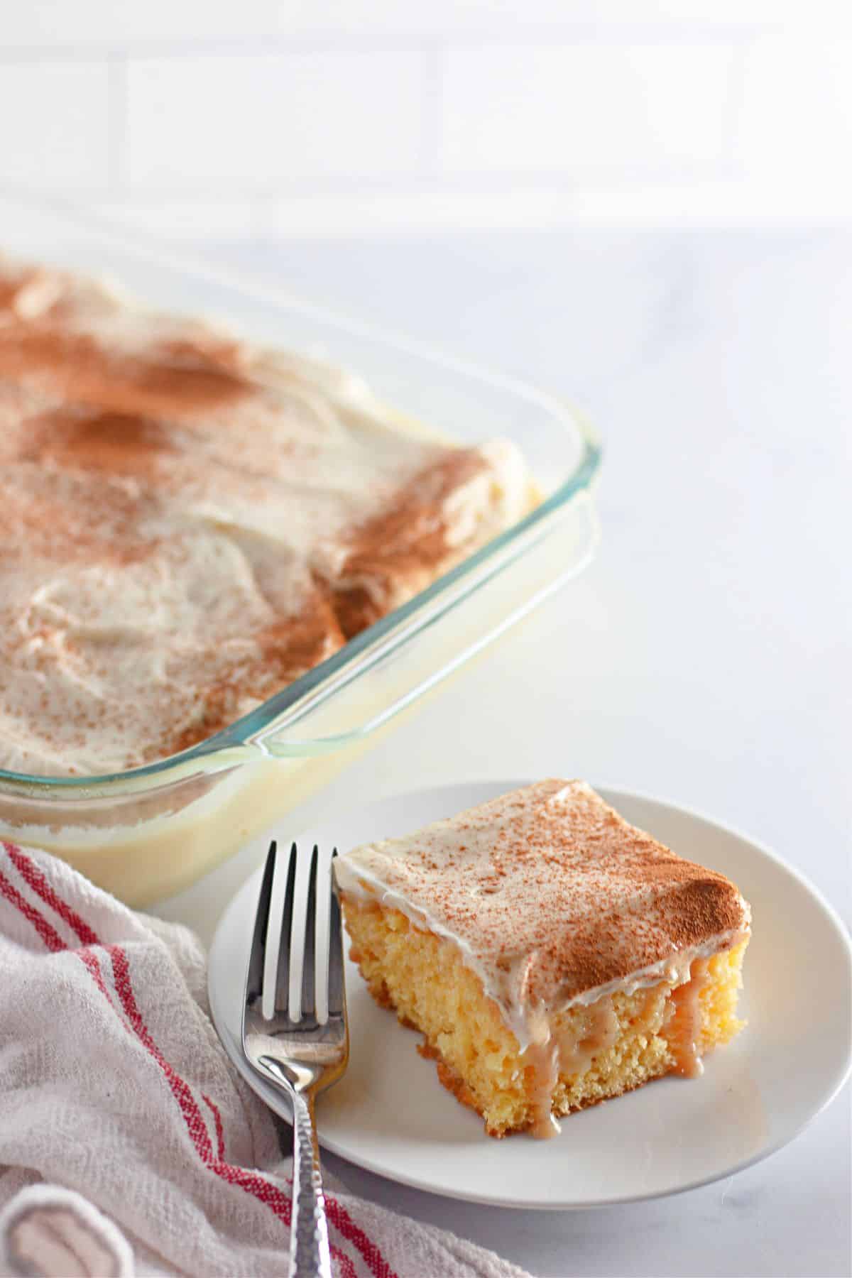A slice of frosted tres leches cake with cinnamon is served on a white plate next to a fork, with the rest of the cake in a glass baking dish in the background.