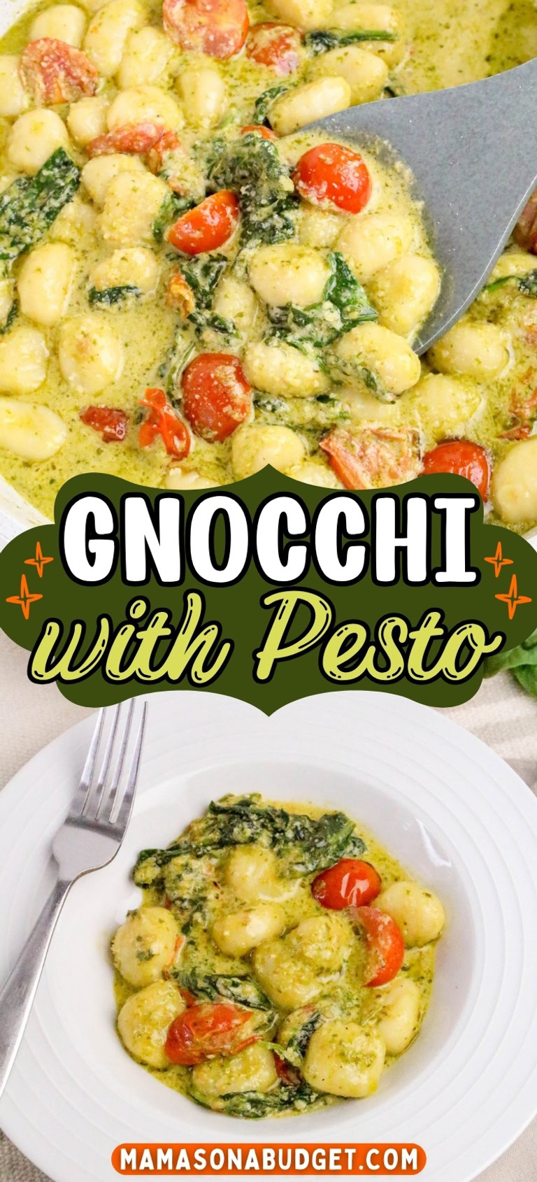Gnocchi with pesto sauce, cherry tomatoes, and spinach served on a white plate, with a spatula and a fork visible.