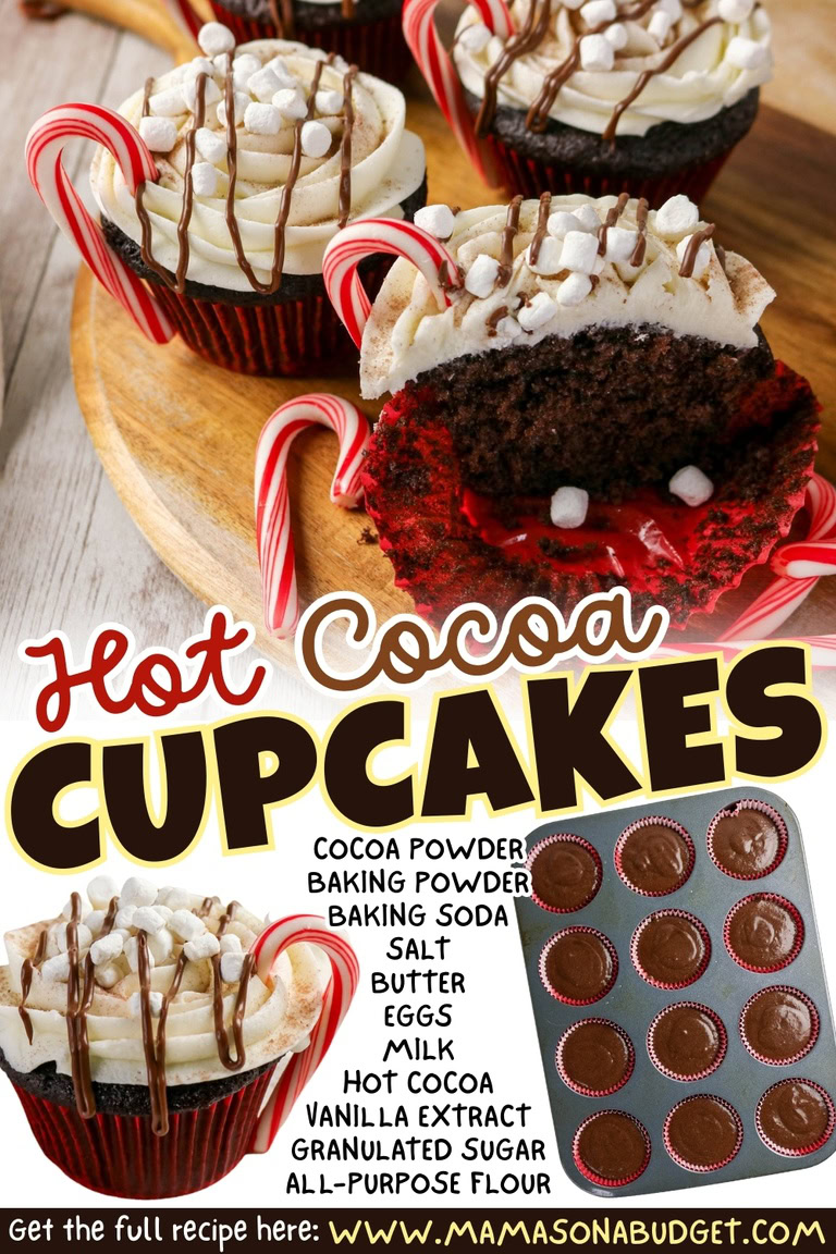 Chocolate cupcakes with creamy frosting, mini marshmallows, and candy canes, with a cut cupcake revealing a chocolate filling; baking ingredients and a recipe link are also shown.
