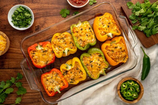 A glass baking dish with eight stuffed bell pepper halves topped with melted cheese, surrounded by bowls of chopped cilantro, shredded cheese, and sliced jalapeño on a wooden table.