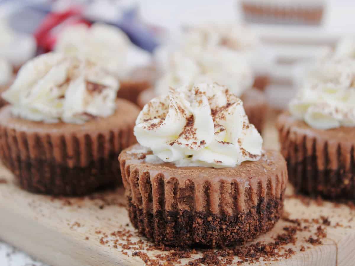 Mini chocolate cheesecakes with whipped cream and cocoa powder on top, arranged on a wooden board.