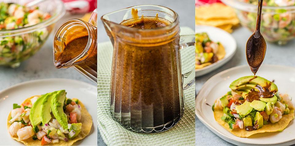 A glass pitcher of brown sauce is shown being poured over shrimp and avocado tostadas, with a close-up of the sauce in the center.