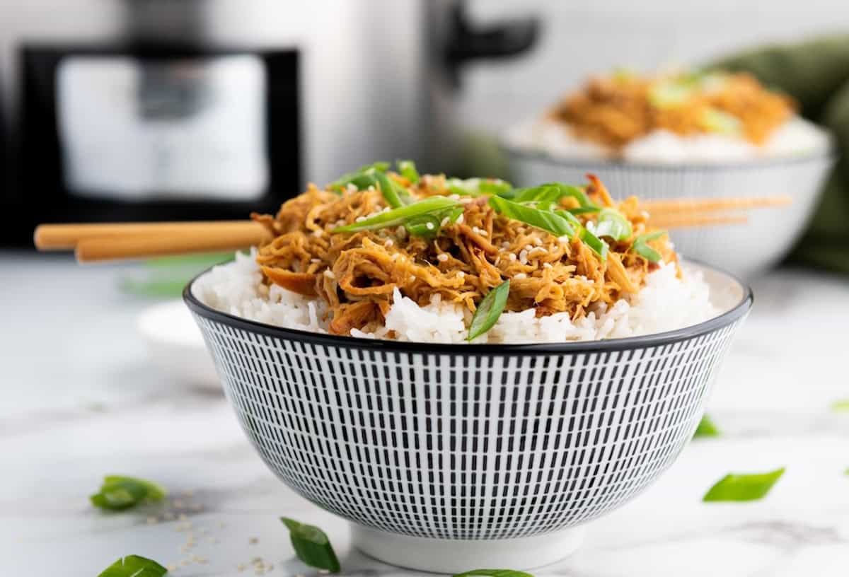A bowl of shredded meat and sliced green onions served over white rice with chopsticks resting on top. Another similar bowl is blurred in the background.