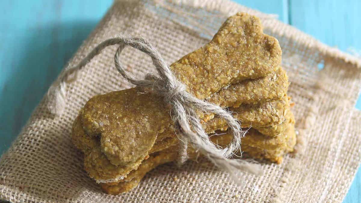 A stack of bone-shaped dog biscuits tied with twine is placed on a piece of burlap fabric.