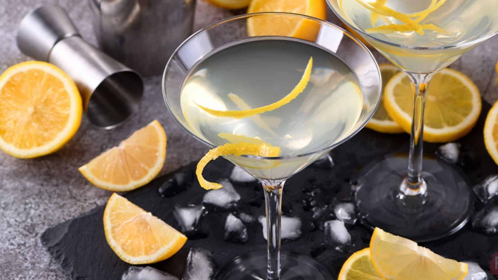 A martini glass filled with a clear cocktail, garnished with a lemon twist, surrounded by lemon slices, ice cubes, and a metal jigger on a dark slate surface.