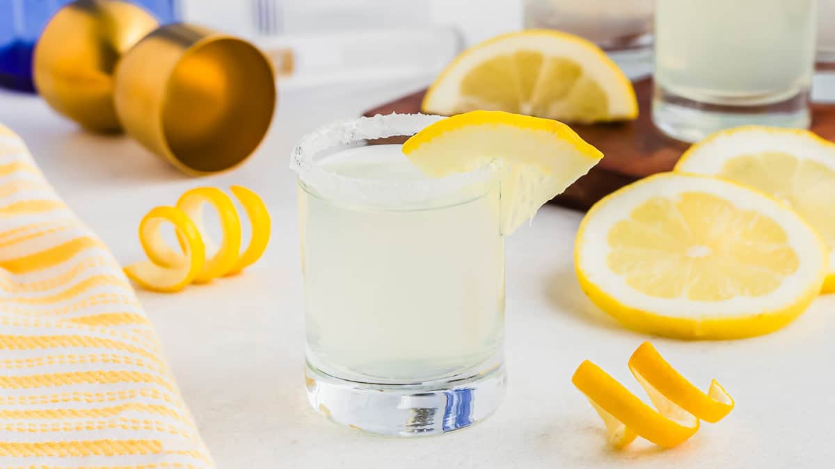 A clear cocktail in a glass with a salted rim, garnished with a lemon slice, sits on a white surface with lemon slices and lemon peel nearby.